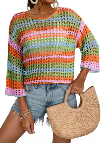 Dokotoo Womens Tops Spring Summer Resort Wear Beach Vacation Short Sleeve Crochet Hollow Out Color Block Striped Round Neck Dressy Casual Lightweight Knit Sweater Fashion Clothing Orange Small