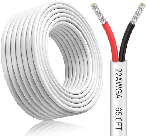 65.6FT/20M 22AWG 2×0.3mm² Electrical Wire 2 Core Cable, White Rated 300V, Low Voltage Flexible Extension Wire for 5V/12V/24V, Tinned Copper, High Temperature Resistant, for LED Strips and Automotive