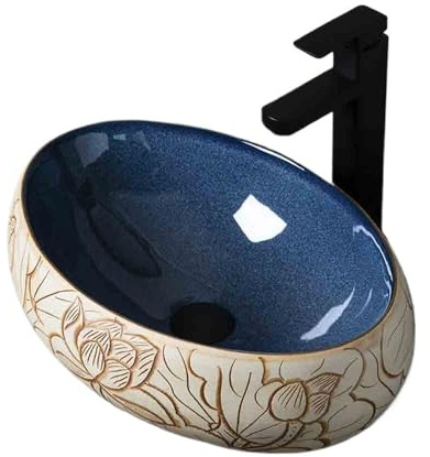 SDVantage Bathroom Small Oval Countertop Basin Single Ceramic Bathroom Washbasin Indoor Outdoor with Accessories Vessel