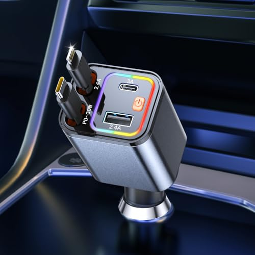 Caricabatteria da auto per accendisigari USB C 4 in 1 69W, caricabatterie per auto con 2 cavi retraibili (Type C e Lightning), adattatore USB per accendisigari con luce LED, rotazione a 180°, ricarica