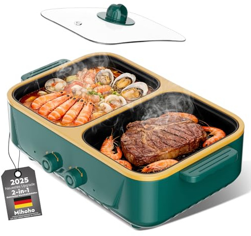 Appareil de cuisson électrique 2 en 1 combinant fondue et grill,1000W double contrôle de la température, chauffe rapide - Idéal pour les grillades, les steaks, les nouilles et plus encore (Grün K)