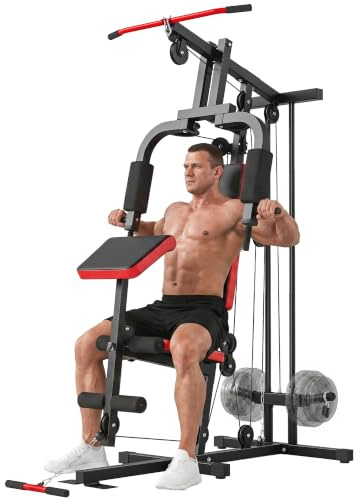 SPORTNOW Kraftstation med latsdrag, fjärilsvingstång, justerbar Preacher-bänk, bentränare, multifunktion homegym multistation upp till 120 kg träningsutrustning för hemmet svart + röd