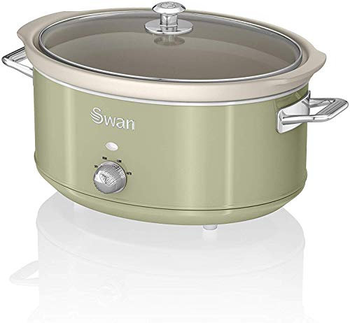 Swan Retro SF17031GN Olla Cocción Lenta 6,5L Recipiente Extraíble, Antiadherente Cerámica libre PFOA y PTFE, 3 Niveles Temperatura, Tapa Vidrio, Slow Cooker, Diseño Vintage, Verde, 320W