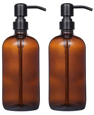 2 Pack Thick Amber Glass Pint Jar Soap Dispenser with Matte Black Stainless Steel Pump, 16ounce Boston Round Bottles Dispenser with Rustproof Pump for Essential Oil, Lotion Soap