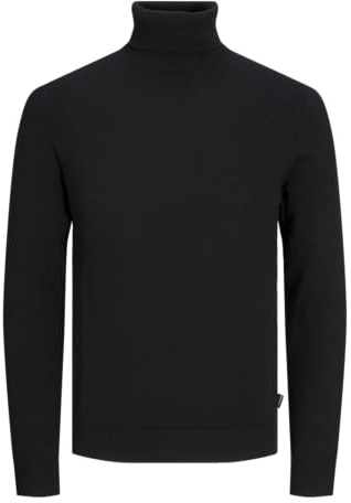 JACK & JONES Hombres Jersey Fino de Cuello Alto clásico Suéter de Cuello Redondo Manga Larga básico JJEEMIL., Color:Negro, Talla Sudadera:XL