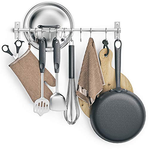 Lesfit Porte Ustensiles Cuisine, Support Suspendre Les Ustensiles Ustensiles en Acier Inoxydable, Barre Ustensiles Cuisine Mural avec 12 Crochets pour Salle de Bain,50cm Pas de Perçage