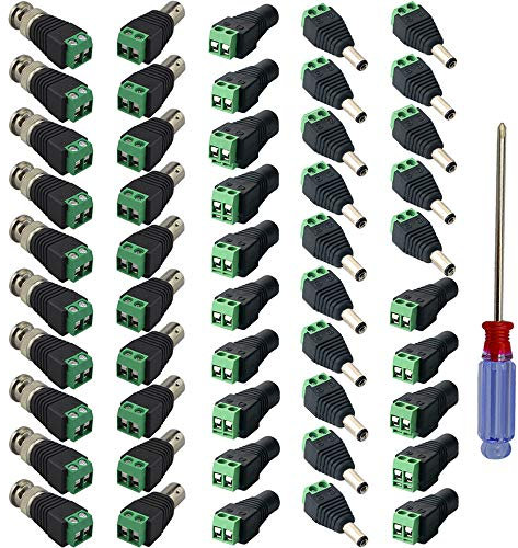 QitinDasen 15 Paia 2.1 X 5.5mm 12V DC Alimentazione Maschio e Femmina Connettore + 10 Paia Maschio e Femmina BNC Video Balun Connettore, con Cacciavite a Stella