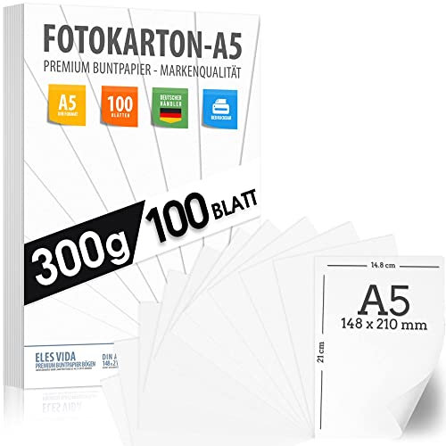 Fotokarton A5 WEISS 300g/m² Blanko- PREMIUM PAPIER Zeichenpapier - unbedruckt für Karteikarten, Präsentationen, Basteln, DIY Dickes Papier - Für Uni Lernen Kindergarten, Karton MADE IN GERMANY
