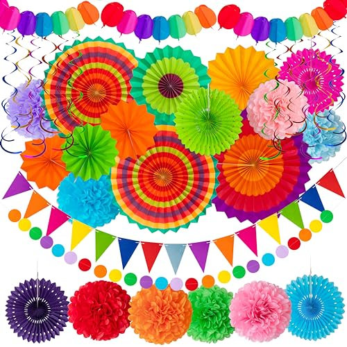 35-teiliges Fiesta-Papierfächer-Party-Dekorationsset – Cinco de Mayo Pompons, Wimpel, Girlandenschnur, Banner, hängende Wirbel, Dekorationszubehör