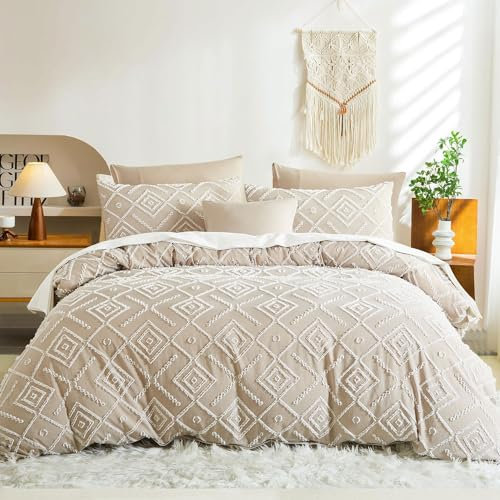Lanqinglv Getuftet Bettwäsche 135x200cm 4Teilig Khaki Boho Stickerei Vintage Wendebettwäsche Set aus Microfaser Shabby Chic Bohemian 2 Bettbezug mit Reißverschluss und 2 Kissenbezug 80x80cm