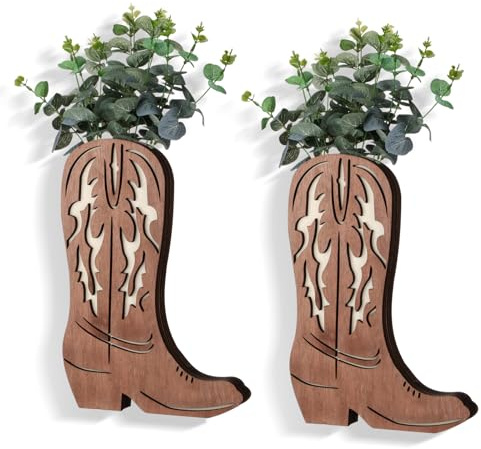 Havawish 2 Pcs Western Wall Decor Wood Cowboy Boots Wall Planter for Indoor Plants 12 x 8'' Western Boot Flower Hanging Vase for Flower Faux Rustic Home Decor for Bathroom Bedroom(Retro Style)