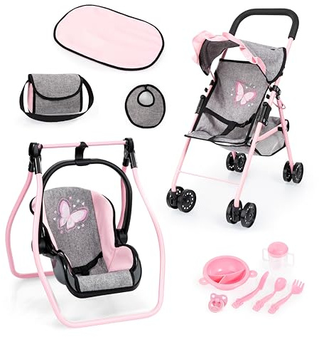 Bayer Design 21533AC Poussette Canne de poupée, Roues Doubles, Pliable, Sac, Matelas à Langer, gobelet, Bavoir, Berceau, Accessoires