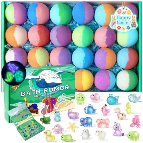Bath Bombs for Kids with Toys Inside - 24 Pack Kid Bath Bombs with Glow in The Dark Surprise Toys Inside, Easter Gifts for Kids Girls Boys, Easter Basket Stuffers, Organic Bubble Bath Fizzy