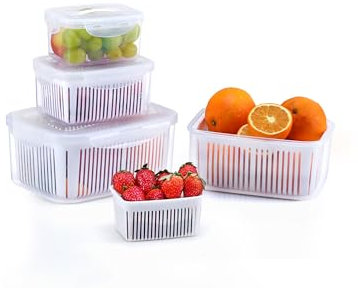 Luxear Frischhaltedosen Obst Gemüse mit Deckel Sieb, Vorratsdosen 4 Set 3,8L+2,3L+1,35L+0,7L BPA frei, Frischhalteboxen dicht trennbar, Kühlschrank Organizer Set, Salat Beeren Aufbewahrung, weiß