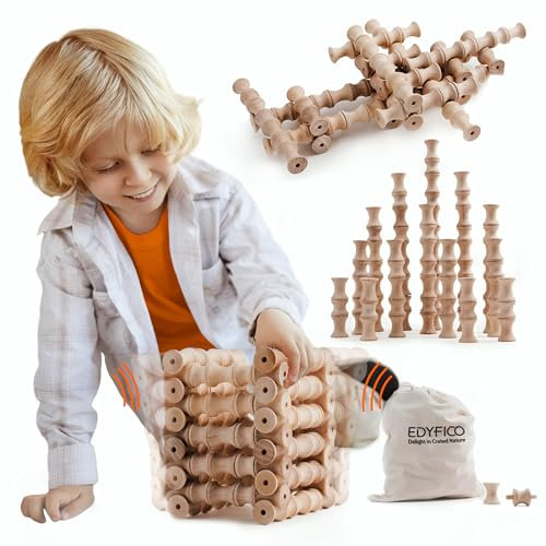 Edyfico TZJ102, Bausteine für Kinder, 120Pcs Waving Steck Holzbausteine, Durable Safe Holzspielzeug, STEM Lernspielzeug mit Canvas Bag Eltern-Kind-Karten, Ideal für Haus Schule Reisen Outdoor Spaß