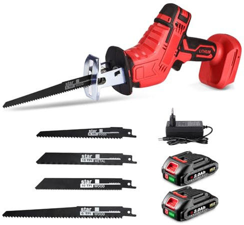 ONEVAN sierra sable bateria, 3100SPM sierra de sable inalámbrica con 2 baterías 2Ah y 4 hojas de sierra, longitud de carrera 22mm, sierra alternativa sin escobillas para madera, plástico, metal