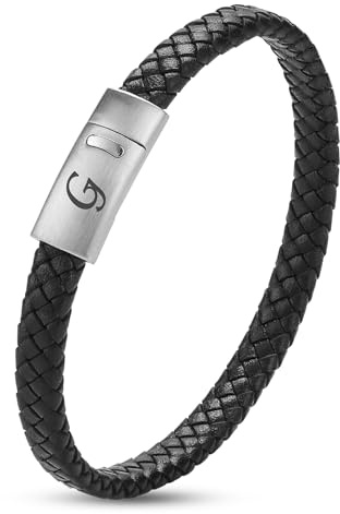 SHIEAGLELD Bracciale da uomo in pelle con iniziali A-Z, braccialetto in pelle intrecciata con chiusura magnetica in acciaio inossidabile inciso, Cofanetto Gioielli Esclusivo,Nero G