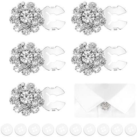 Tucnoeu 5 Stück Silber Strass-Knopfabdeckung und 10 Stück Weiße Tasten, Clip On Knopfschmuck, Knopfabdeckungen für Hemden und Blusen