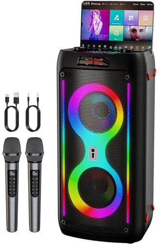 Máquina de Karaoke para Adultos, Altavoz Bluetooth Portátil con 2 Micrófonos inalámbricos, Sistema PA con Iuces de Discoteca para Fiestas Grandes, al Aire Libre, soporta USB/TF/Rec/FM/AUX