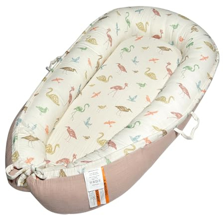 Little Grape Land Baby Nest Pod 90×65 cm, Reversible Double-Sided Muslin, Newborn Lounger 0–24 Months, 360° Bumper, Adjustable Ties, Portable Handles, Machine Washable, Birds