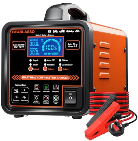 GEARLASSO 12V 24V Autobatterie Ladegerät, 0-15A Batterie-Erhaltungsgerät mit automatischer Abschaltung, Reparatur- und Wintermodus, Smart Erhaltungs-Ladegerät für Auto, LKW, Motorrad, AGM-Batterien