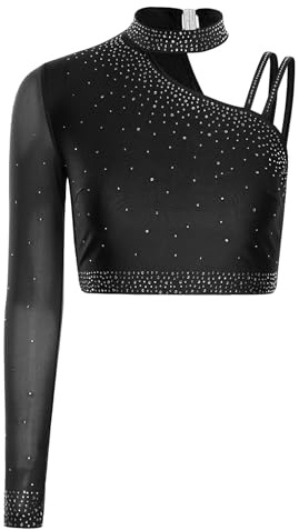 Sinleey Femme Haut de Danse Contemporaine Moderne Une Epaule Top Gymnastique Patinage Artisique Tenue Performance Noir S