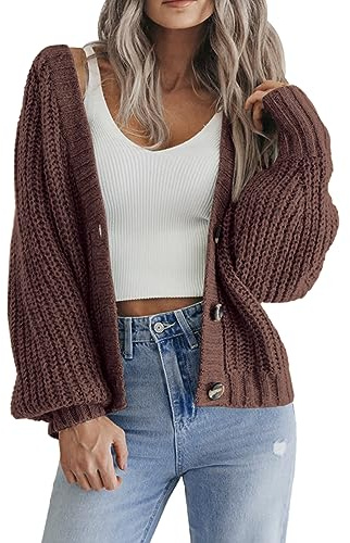 HOTOUCH Womens Cardigans UK Short Open Front Jumpers with Buttons Ladies Long Sleeve Knitwear Oversized Sweater for Winter Spring Brown XS