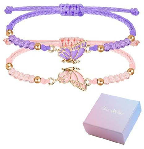 DIFLAX 2 Piezas Pulseras de Amistad con Colgante de Mariposa Pulsera de Mejor Amiga para Niñas Pulseras BFF Pulsera de Amistad Ajustable para Niñas Regalos para Mujeres Parejas y Amigas (Morado+Rosa)
