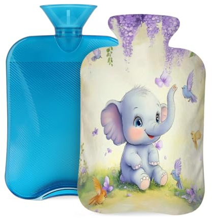 Lovely Elephant Birds Lavender Hot Water Bottle with Cover, 2L PVC Hot Water Bag for Pain Relief, Hand Foot Warmer, Hot & Cold Therapy with Removable Cover, Gift for Women Kids Family