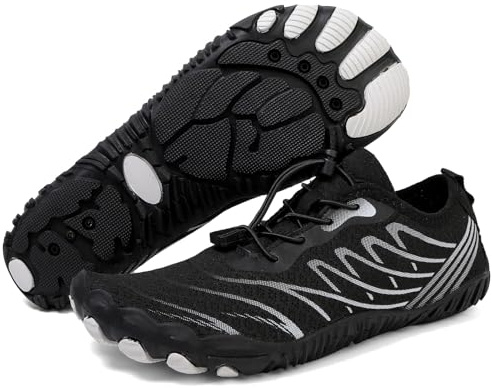 Shephorion Barefoot Water Shoes for Women Men, Quick Dry Aqua Beach Shoes with Wide Toe Box, Non-Slip for Swim Surf Diving Hiking Gym,Black/Silver, 9 UK