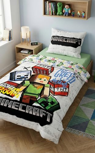 Minecraft Children's Bedding Set – Duvet Cover 140 x 200 cm and Pillowcase 70 x 90 cm – Urban Graffiti Design Alex, TNT & Creeper – 100% Soft Microfibre