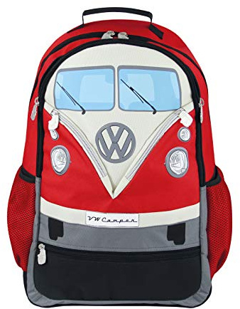 BRISA VW Collection - Volkswagen Wander-Laptop-Tages-Schul-Rucksack im T1 Bulli Bus Design (30l/Groß/Bus Front/Rot)