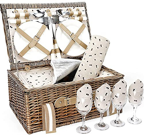 Picknickkorb aus Weidenholz für 4 Personen,mit Großer Isolierter Kühltasche und Wasserdichter Picknickdecke,Picknickkoffer Picknick Set Korb,für Camping,Outdoor,Valentinstag,Weihnachten,Erntedankfest
