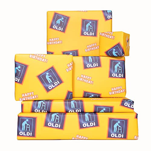 Central 23 - Papel de regalo divertido - 6 hojas de papel de regalo - 'Happy Birthday Oldi' - Azul amarillo - Para esposo esposa - Mamá papá - Reciclable