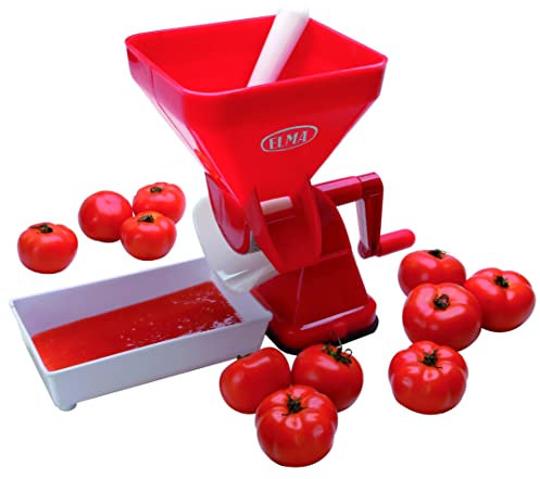 Elma Manueller Tomatenzerkleinerer, Küchensieb und Konservierungstrichter für Tomaten, Tomatenmaschine aus Kunststoff mit rotem Edelstahlfilter, Saugnapfzubeh