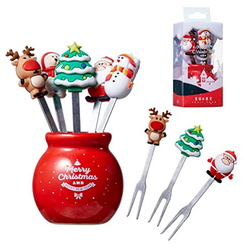 5 Forchette Natalizie Da Frutta e Insalata - Manico in Silicone a Tema Natalizio - Per Bambini in Acciaio Inossidabile