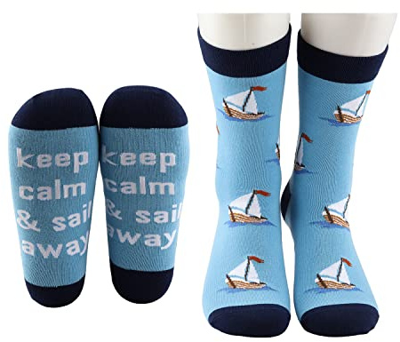 MBMSO 2 Pairs Sailboat Socks Keep Calm and Sail Away Sailing Socks Boat Captain Gifts for Men Nautical Gift for Boating Lover (Sailboat Socks)