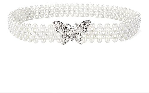 JK Home 3.2cm de Large Ceinture Perle Blanche Elastique sans Aiguille pour Robe de Mariée Elégant Papillon