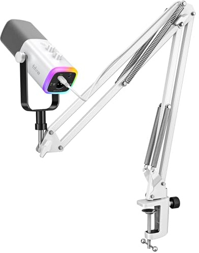 FIFINE Gaming XLR/USB Microphone Kit, Streaming Dynamic Mic Set for PC, Computer Mic for Vocal Podcast Recording Voiceover, with Headphones Jack, Gain Knob, Arm Stand-AmpliGame AM8T White