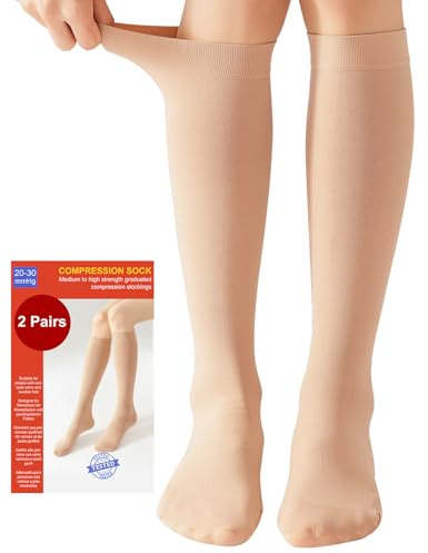 2 Pares Medias de Compresión Mujer y Hmbre Médicas Circulacion, 20-30 mmHg Clase 2, Calcetines Compresion para Varices, Edema, Vuelo (2x Beige, L)