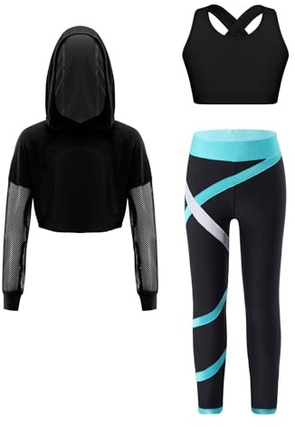 FEESHOW Kinder Trainingsanzug Mädchen Sport BH Und Leggings Set Mit Hoodie Kinder Workout Sport Outfit Jazz Dance Tanzkleidung Hip Hop Kleidung Blaugrün_A 134-140
