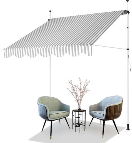 AXT SHADE Tenda da Sole a Bracci Avvolgibile Manovella per Balconi con Regolabile in Altezza, Senza Forare, Protezione UV e Impermeabile Adatto per Balcone Giardino Esterno-200cm Grigio-Bianco