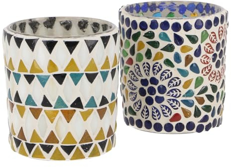 GURU SHOP 2 Handgearbeitete Glas Mosaik Windlichter, Romantisches Windlicht, Mosaik Teelicht, Vintage Teelichthalter - Set 9, 10x8x8 cm