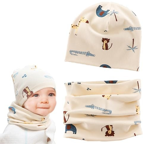 Norhogo Baby Kinder Baumwolle Mütze Schal Set, Wintermütze für Jungen Mädchen Baumwolle, Beanie Hüte + Schlauchschal, Baby Schals Winter Loop Schal Junge Und Mädchen M,Beige Elefant