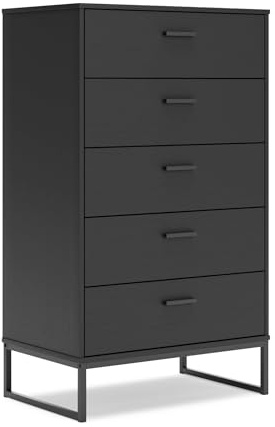 Signature Design by Ashley Socalle Casual Contemporary Chest of Drawers with Dark Pewter Hardware and Metal Legs, 5 Drawers, Wood, 50.67 High, Matte Black