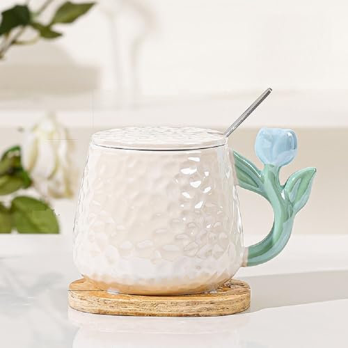 Huiyiwert Taza de café de cerámica kerative 3D tulipán flores taza de café con tapa y cuchara dulce tulipán taza de 400 ml taza de leche taza de flores regalo para mujeres niñas mamá novia (azul)
