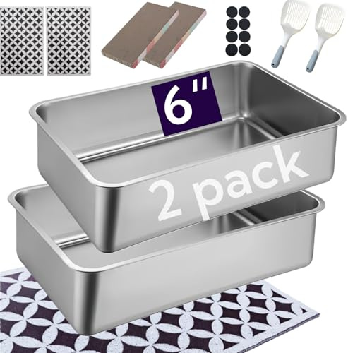 Spindro Paquete de 2 cajas de arena para gatos de acero inoxidable con lados altos, bandeja de metal para gatos, bandeja grande de arena para interiores, nunca absorbe el olor, suministros de inodoro
