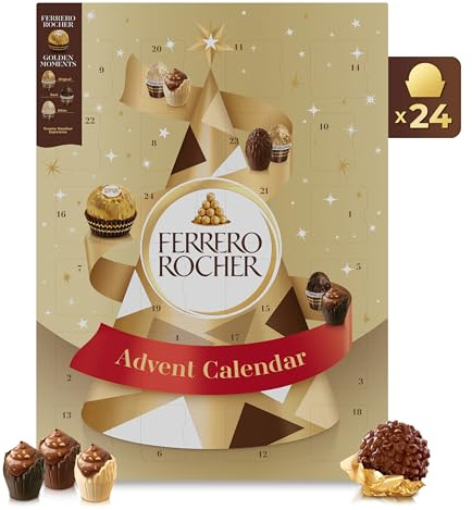 Ferrero Rocher Calendrier de l’Avent Premium – 24 Chocolats Assortis à la Noisette et au Cœur Fondant – Édition de Noël 258 g