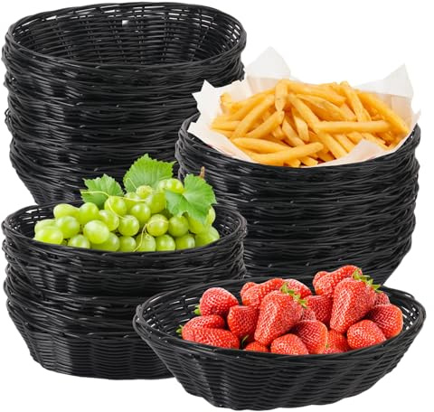Geytetqi 20 Pack 9.2 X 6 inch Oval Poly Wicker Baskets Bulk, Bread Baskets for Serving, Durable Bread Baskets for Home & Restaurant Use(black)