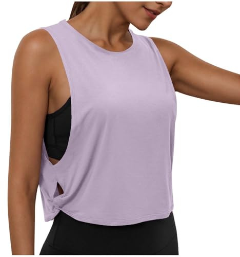 Dyhxuan Top deportivo para mujer, corto, fitness, yoga, sin mangas, camiseta deportiva monocolor, cuello redondo, camiseta deportiva lateral hueca, camiseta de verano, ligera, transpirable, camiseta